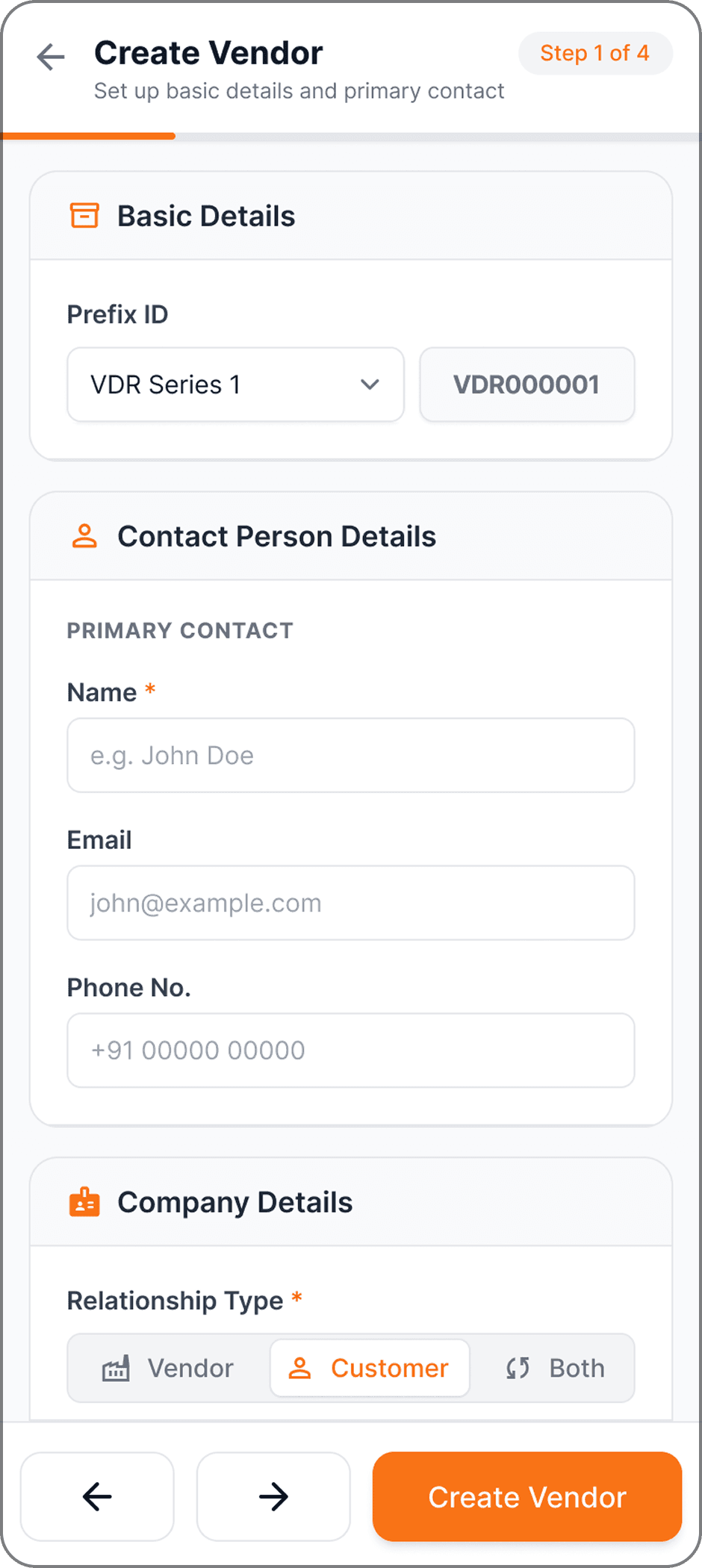 Optiwise mobile purchase and vendor creation screen
