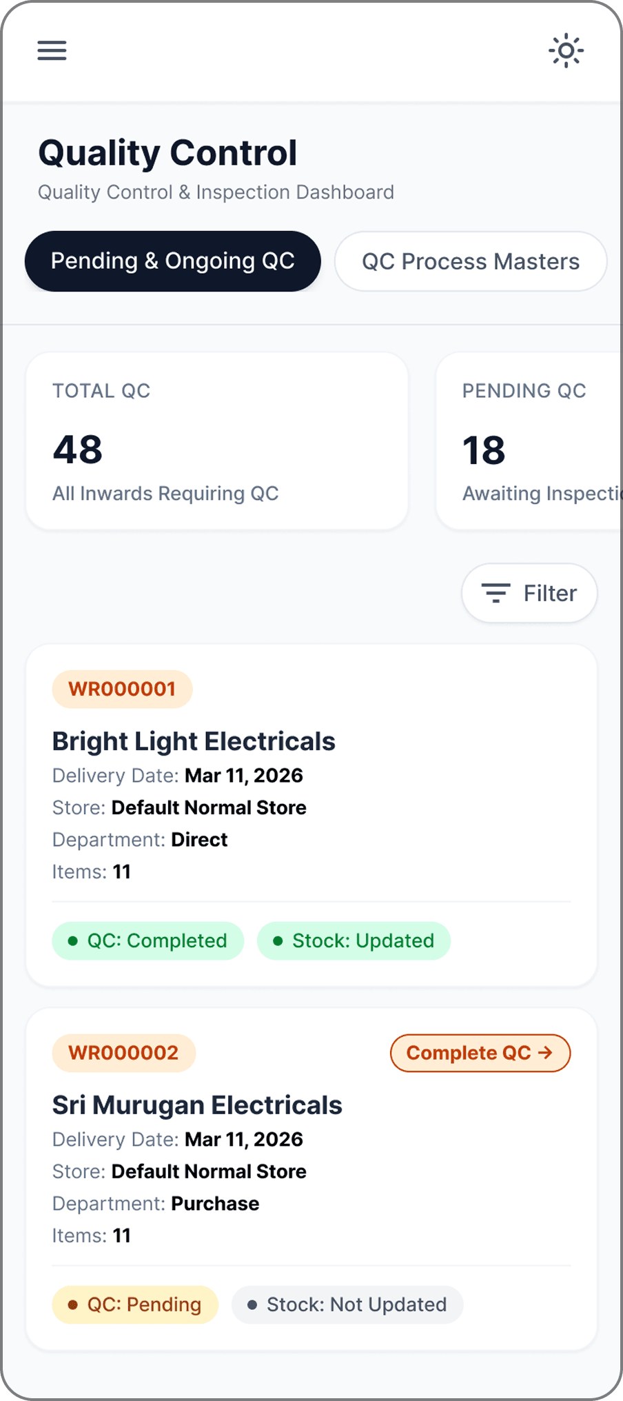 Optiwise mobile quality control screen