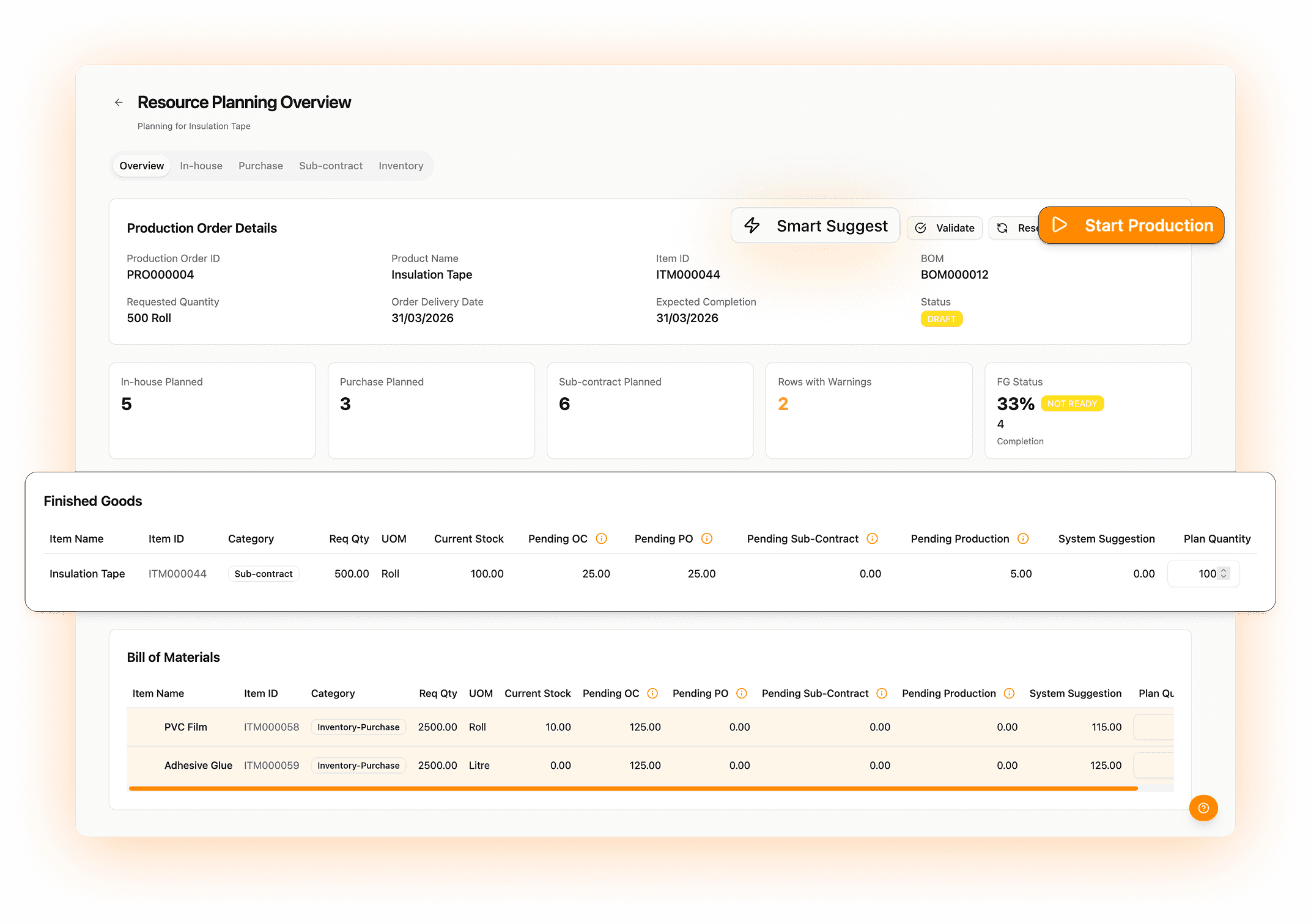 Production planning and quality context in Optiwise