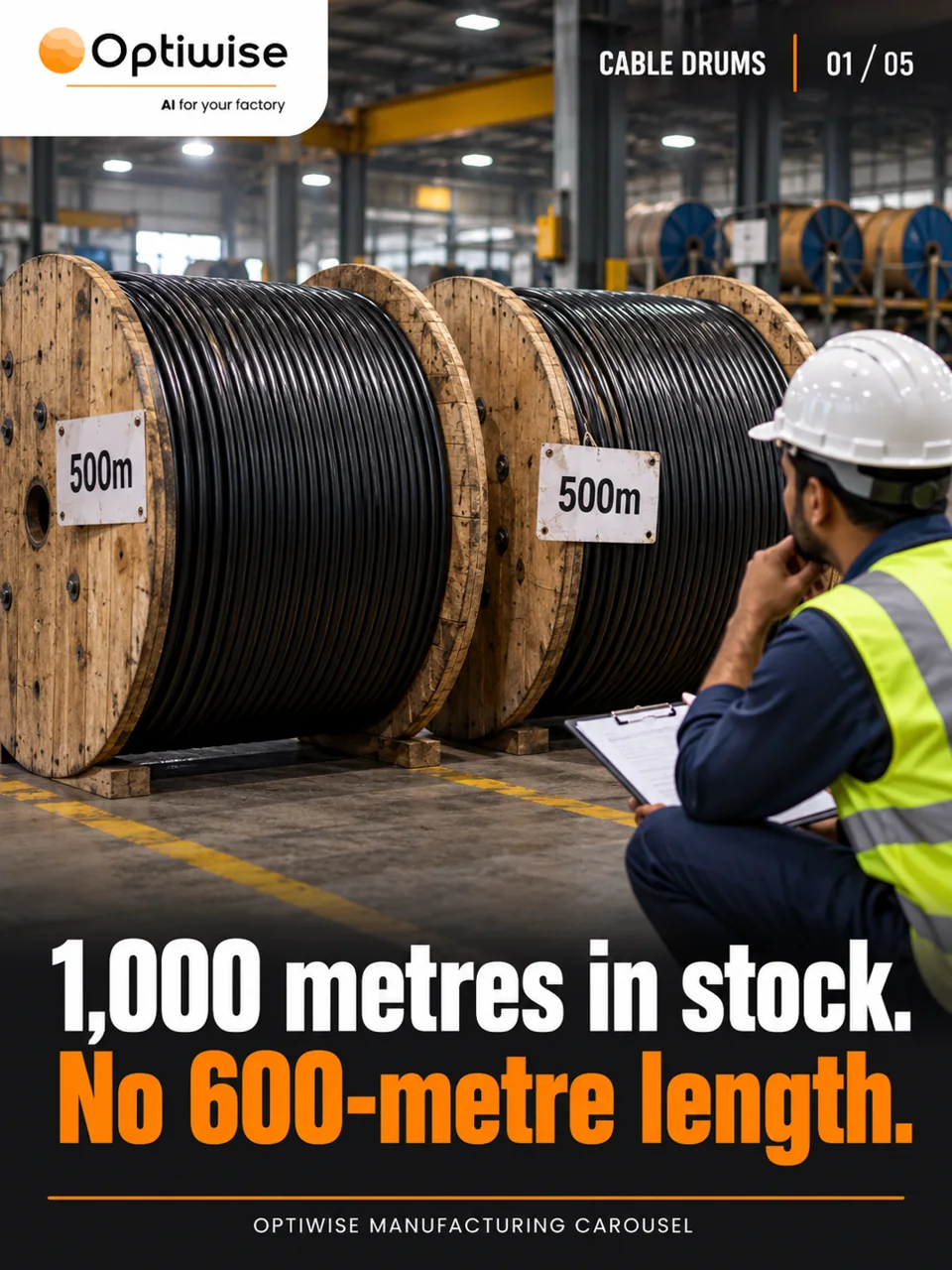 Illustration of two separate 500-metre cable drums beside an order for one continuous 600-metre length.