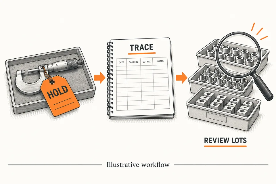 Illustration of a held micrometer, an inspection trace log and trays of parts awaiting review