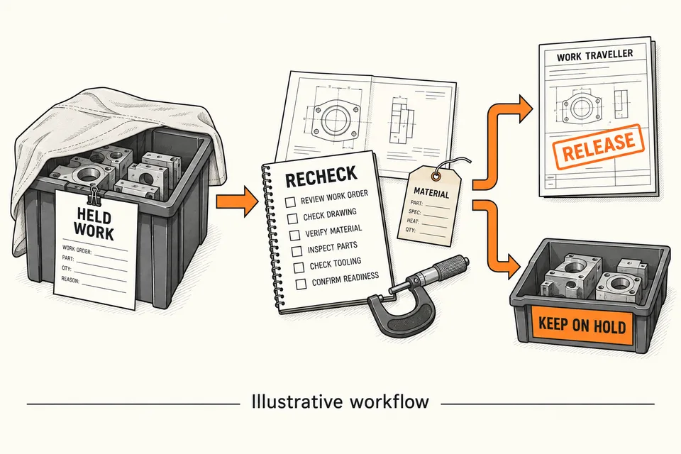 Illustration of held unfinished parts passing through a recheck before release or continued hold