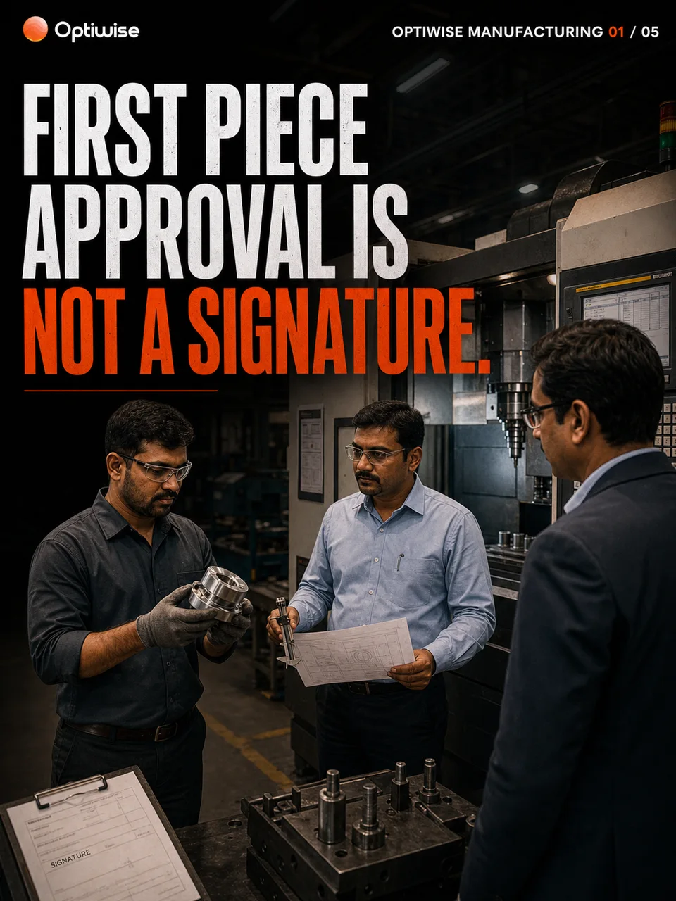 Original OMC-007 editorial carousel showing an operator, supervisor and inspector reviewing a sample part