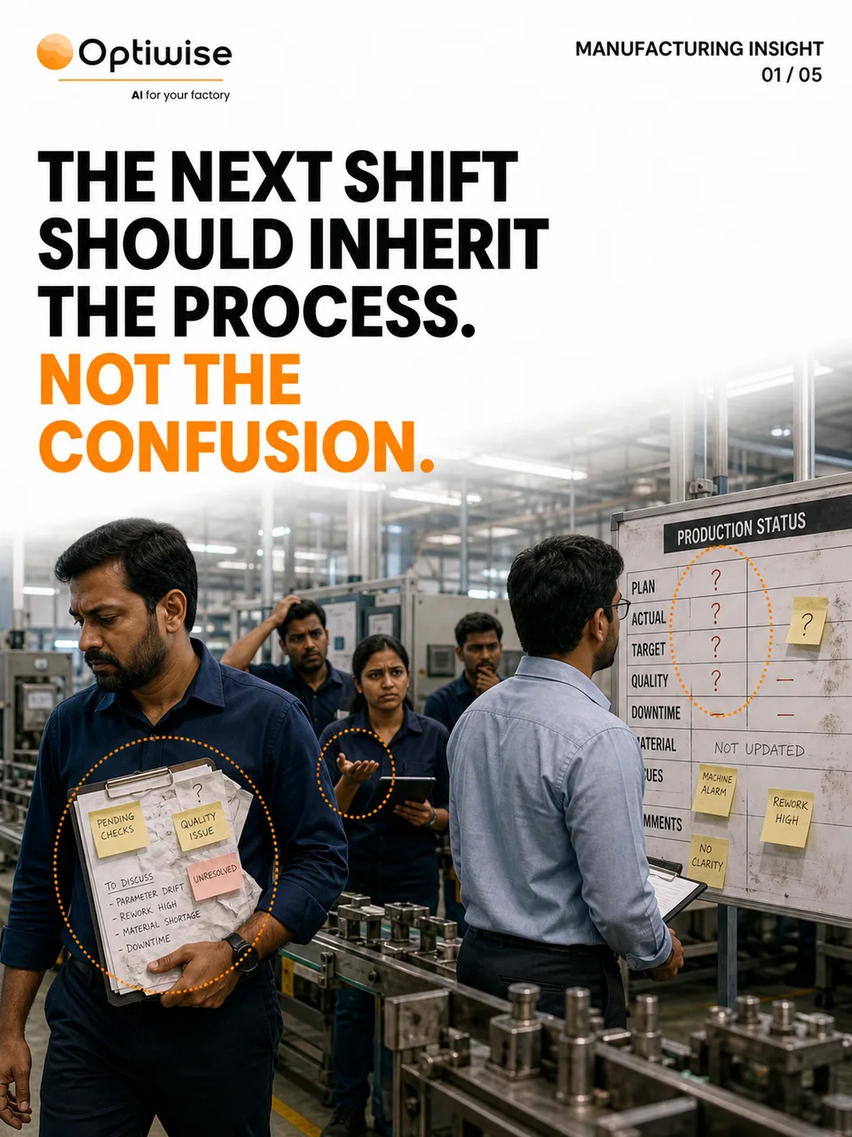 Original MI-009 carousel illustration showing supervisors, pending-check notes and an incomplete production board