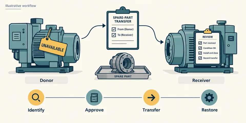 AI-generated illustration of a donor machine, identified spare part, receiver and restoration workflow