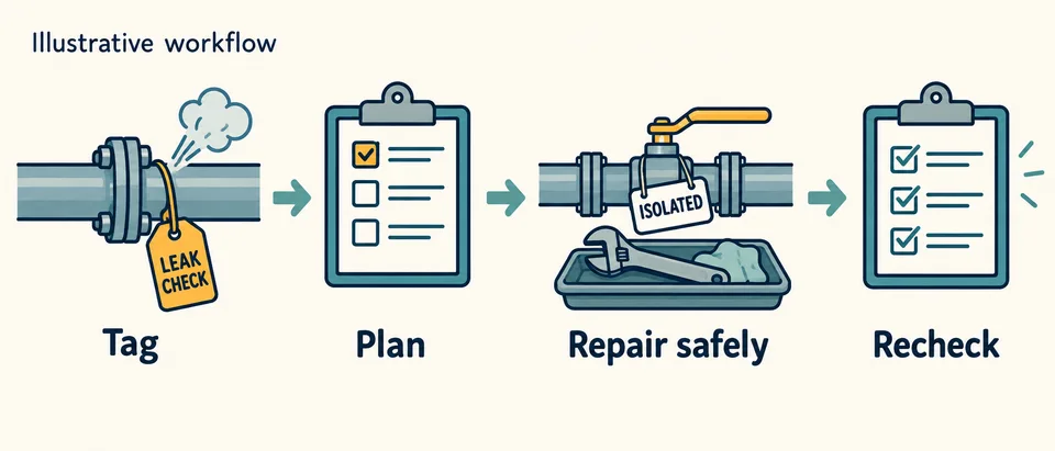 AI-generated illustration of four compressed-air leak stages: tag, plan, repair safely and recheck