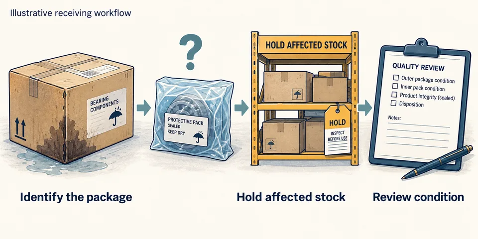 AI-generated illustration of a wet bearing carton, sealed protective pack, segregated holding shelf and quality review
