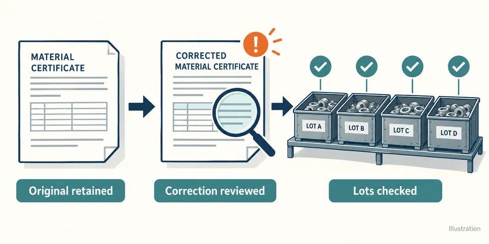 Illustration linking an original certificate, a reviewed correction and affected material lots