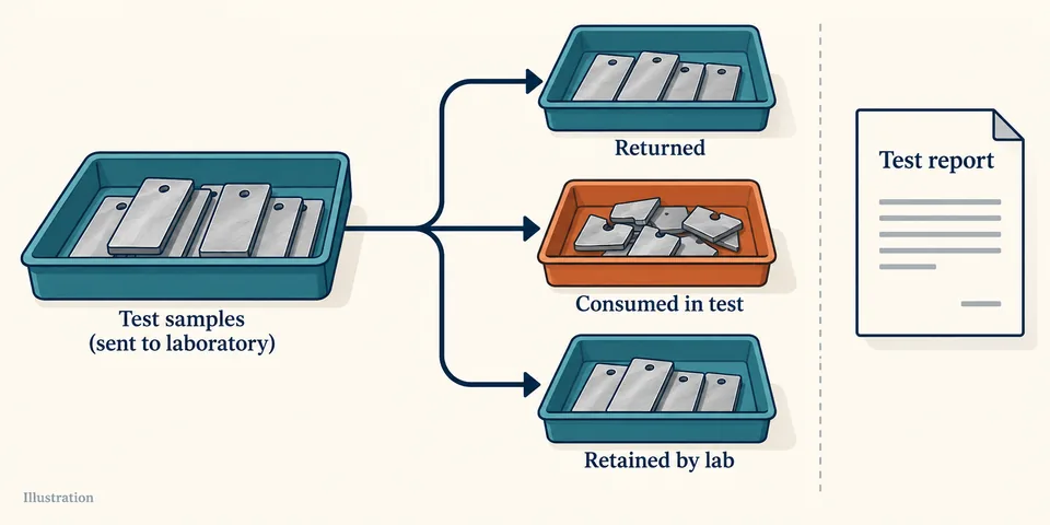 Illustration separating samples returned, consumed during testing and retained by a laboratory from the test report