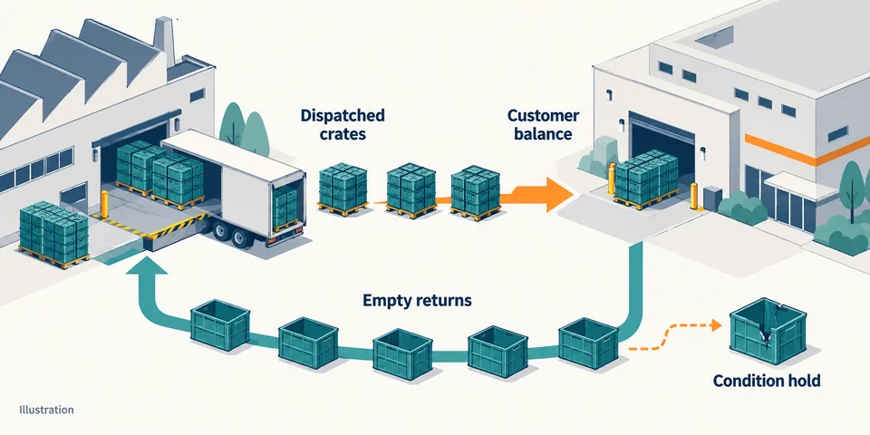 Illustration of reusable crates dispatched to a customer, empty returns and a separate condition hold