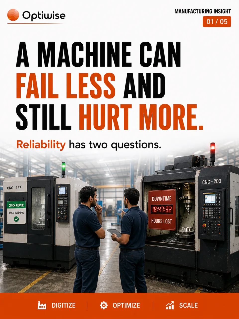 MI-020 carousel artwork contrasting failure frequency with the time needed to restore a machine.