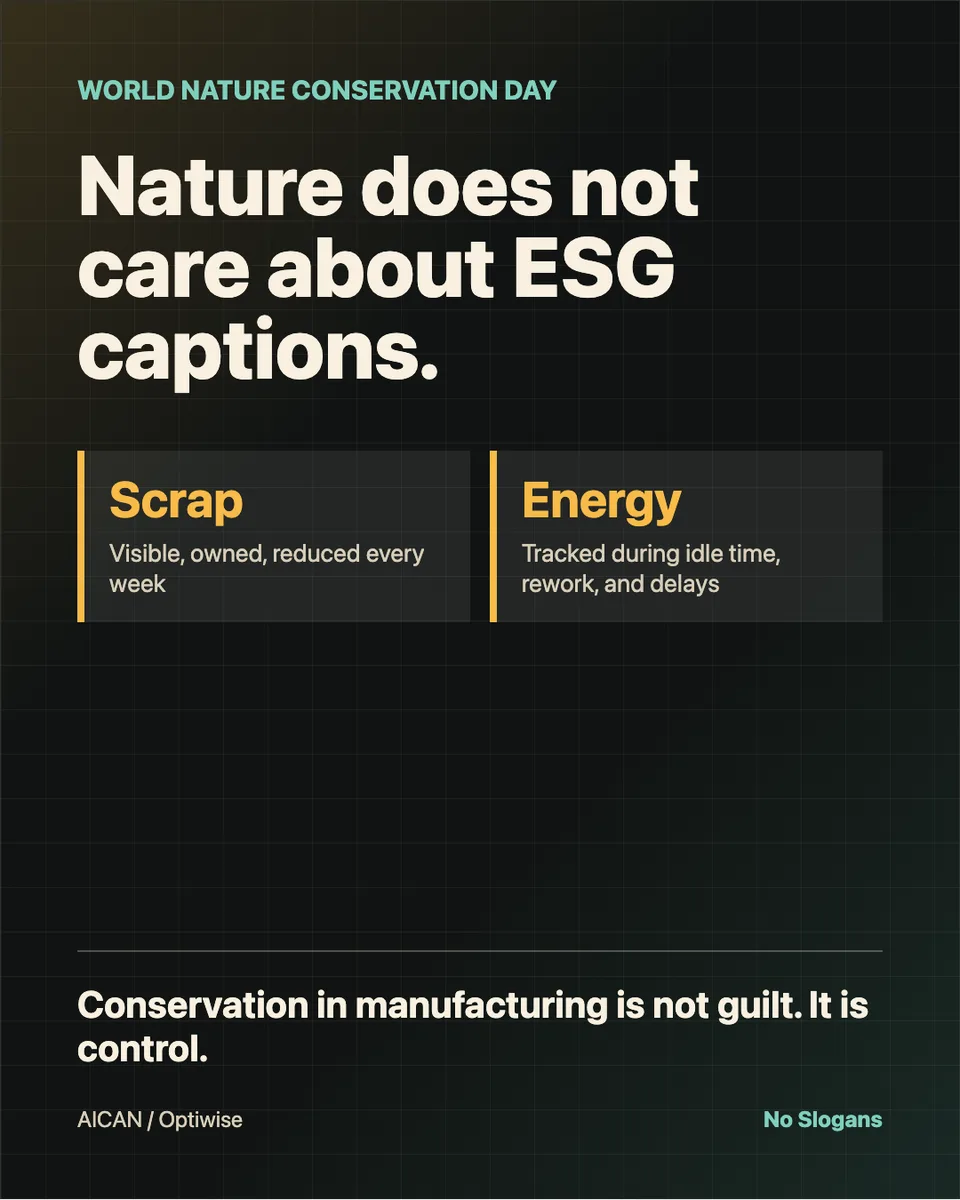 Original Optiwise conservation visual card connecting manufacturing waste control with daily operational records.