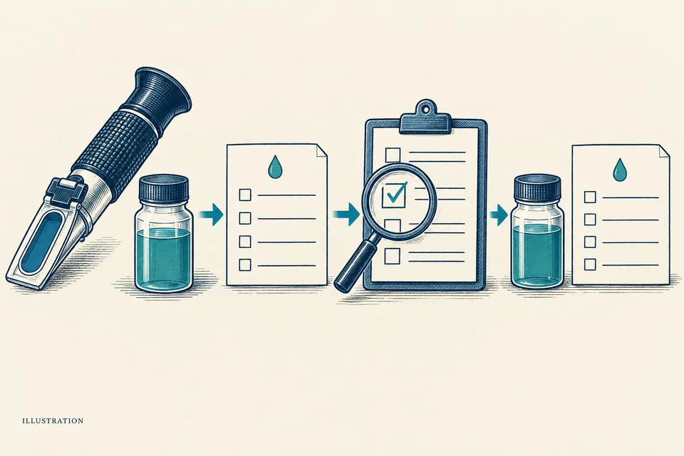 Editorial illustration of a refractometer, sample bottles and records for a coolant reading, review and recheck.