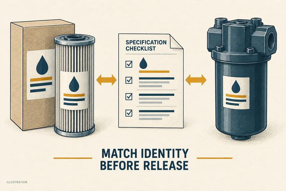 Editorial illustration comparing a packaged filter element, specification checklist and generic filter housing.