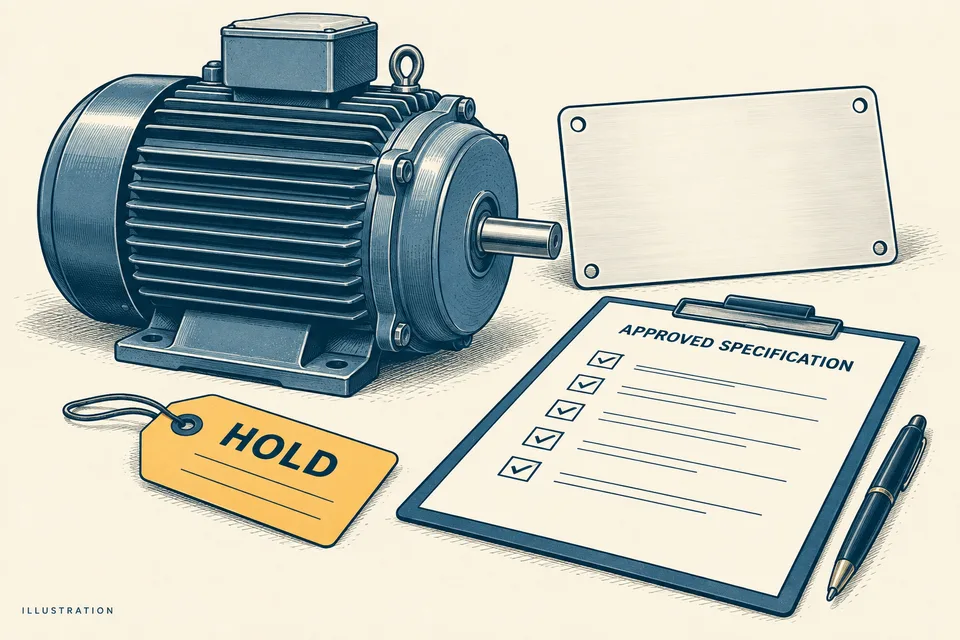 Editorial illustration of a disconnected motor, blank nameplate, approved specification checklist and hold tag.