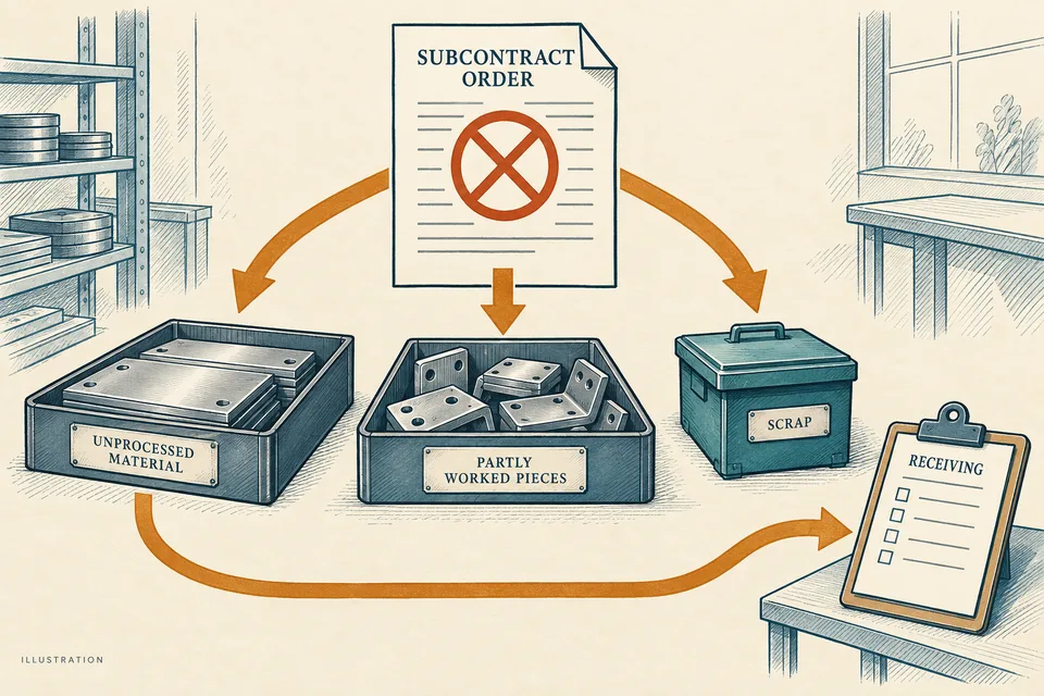 Editorial illustration connecting a cancelled subcontract order with unprocessed material, partly worked pieces, scrap and receiving records.