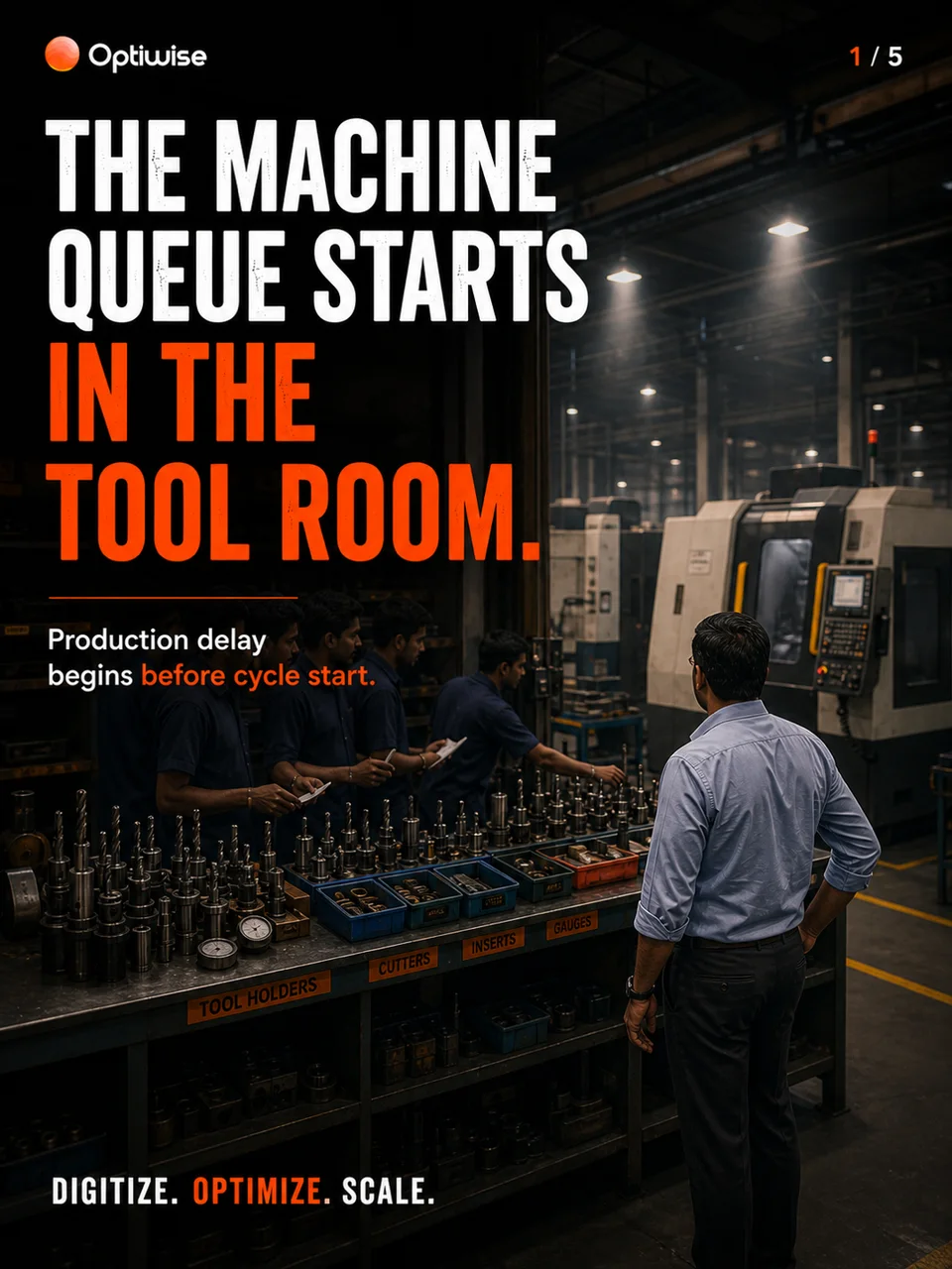 Original OMC-011 carousel illustration of tools awaiting preparation near a machining area.