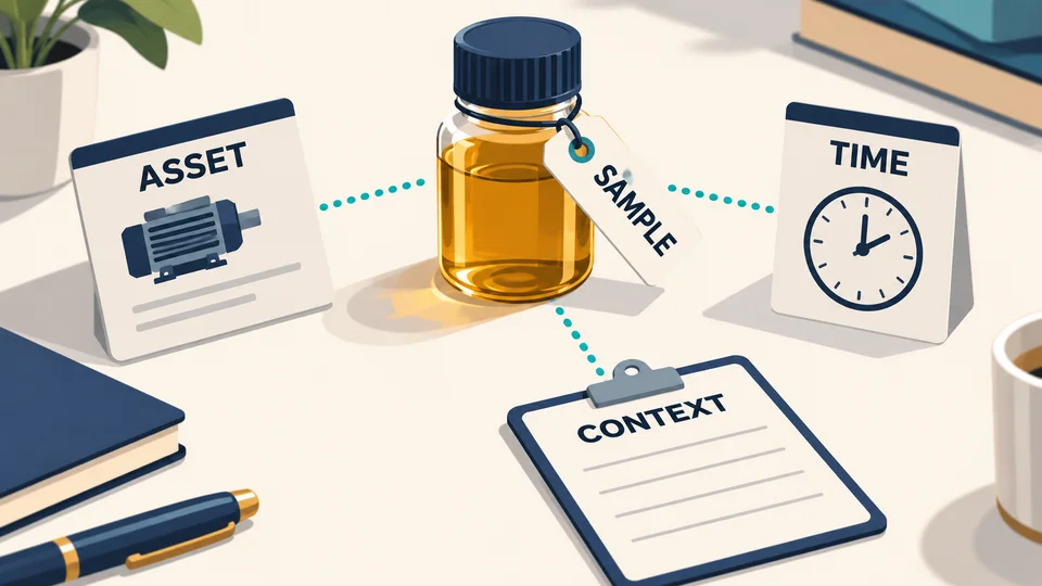Editorial illustration linking an oil sample bottle with asset, time and context records.