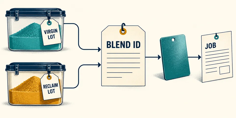 Conceptual illustration linking virgin and reclaim lot records to a blend identity, test panel and job.