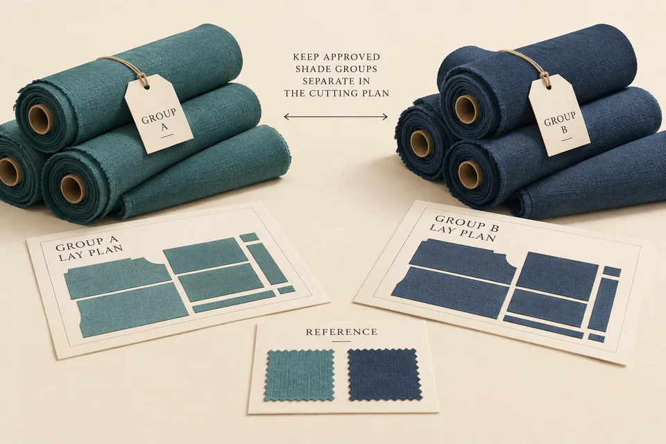 Editorial illustration of two separate fabric shade groups with matching lay plans and reference swatches.