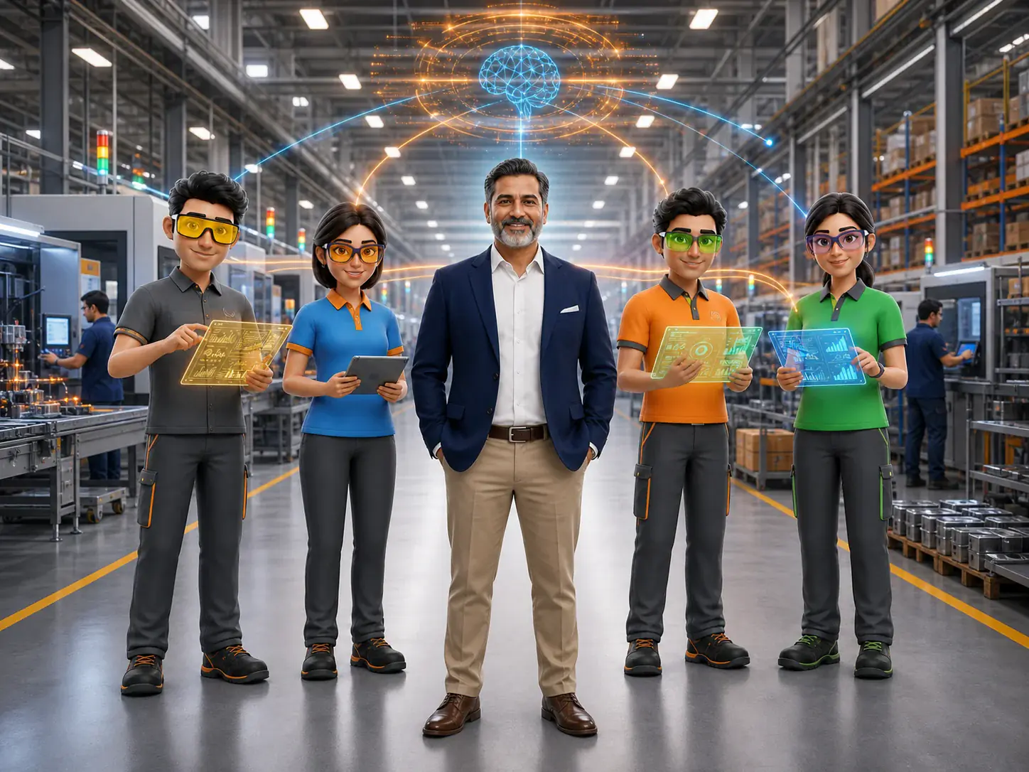 Relaxed factory owner surrounded by Optiwise AI agents managing live factory operations