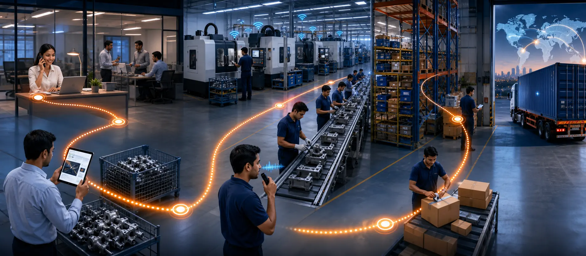 Connected factory flow from inquiry to dispatch