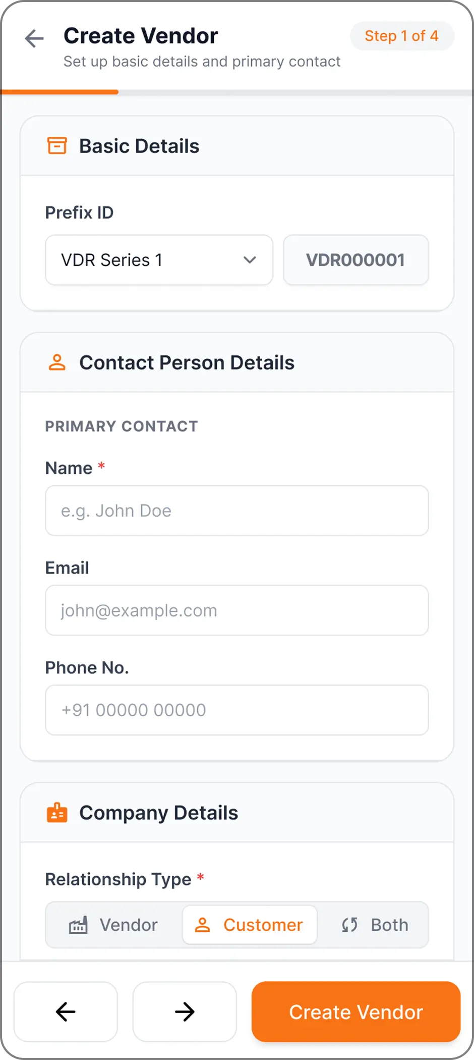 Optiwise mobile purchase and vendor creation screen