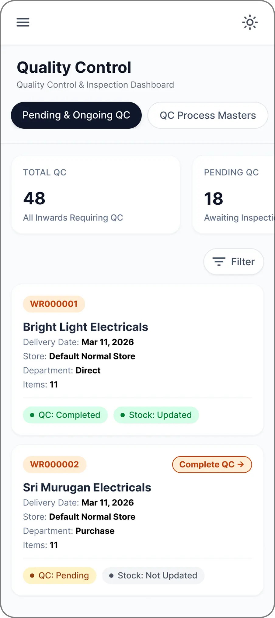 Optiwise mobile quality control screen