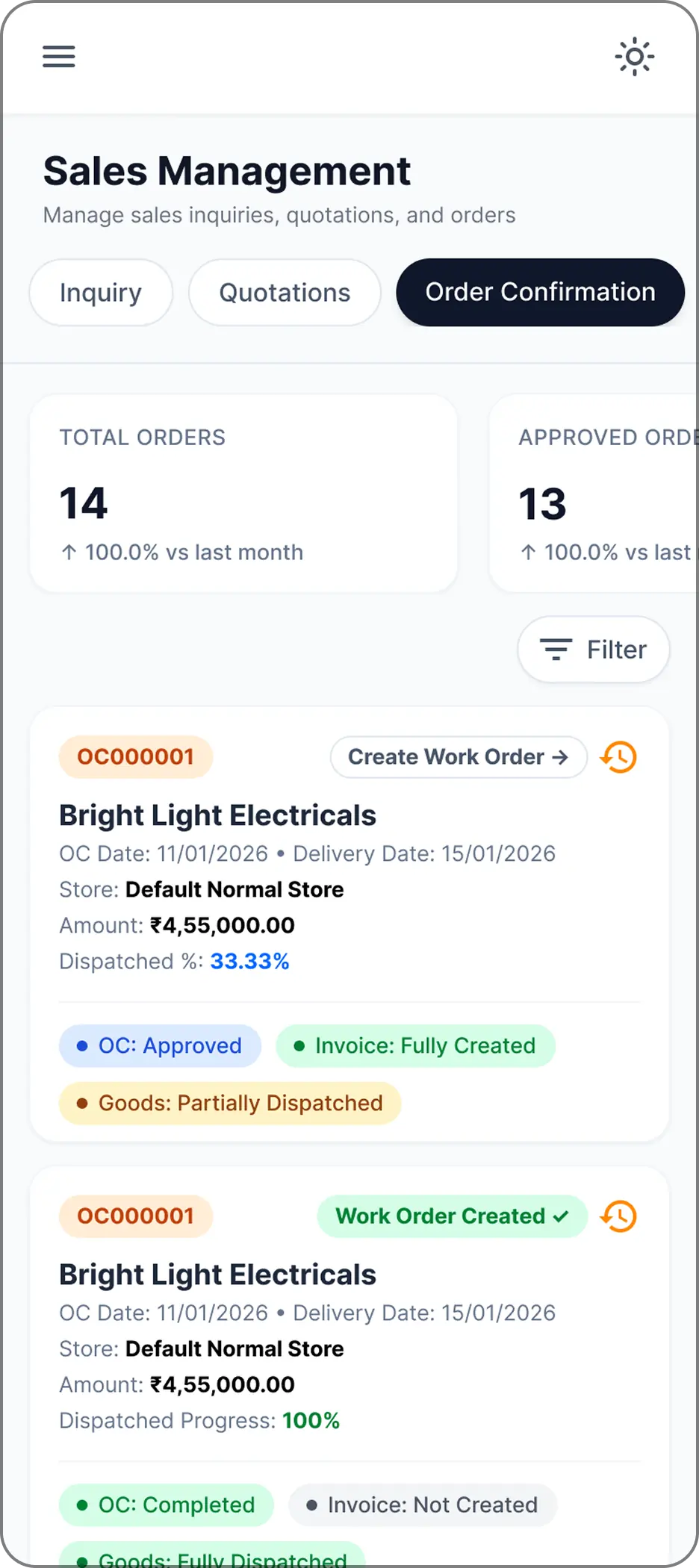 Optiwise mobile sales and dispatch screen