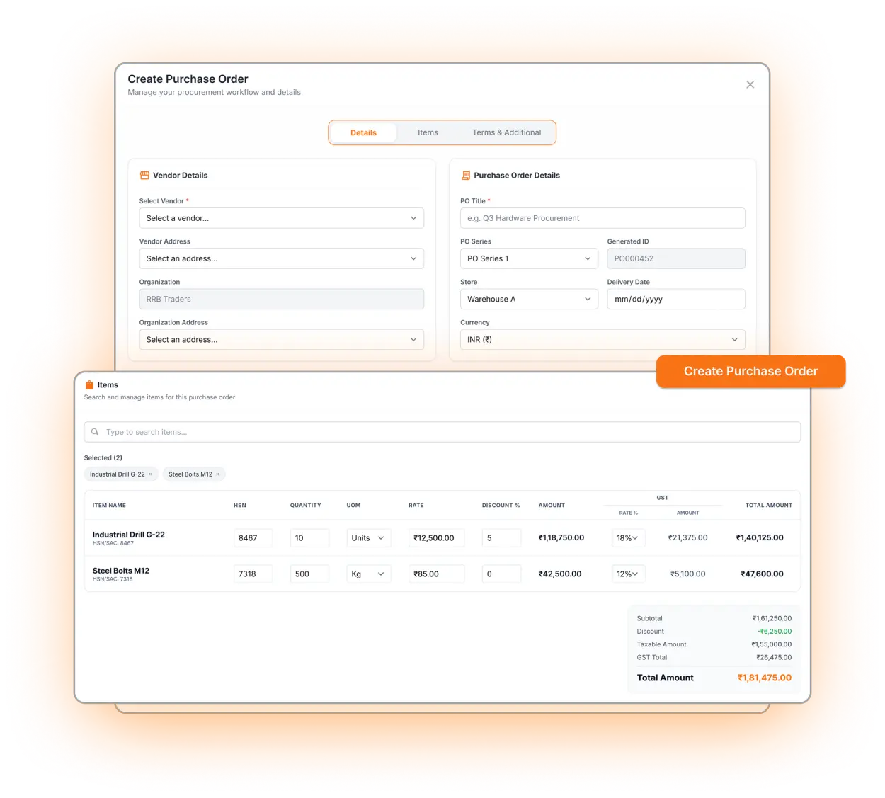 Optiwise purchase-order screen with vendor, items, terms and delivery details