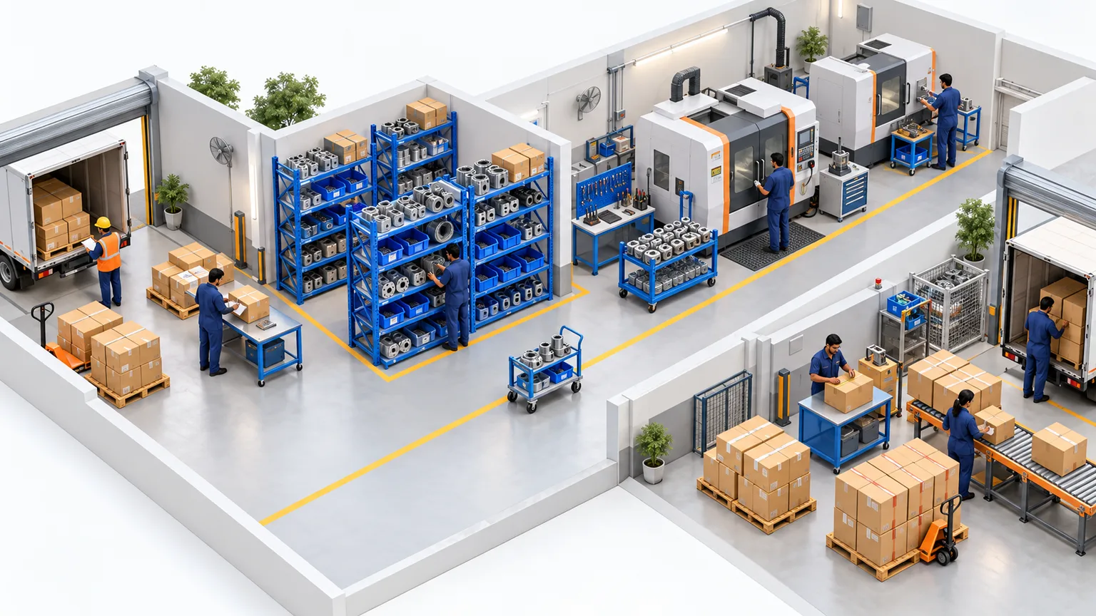 Illustrated factory with a receiving area, component storage racks, a CNC workstation, a return trolley and a packing area.