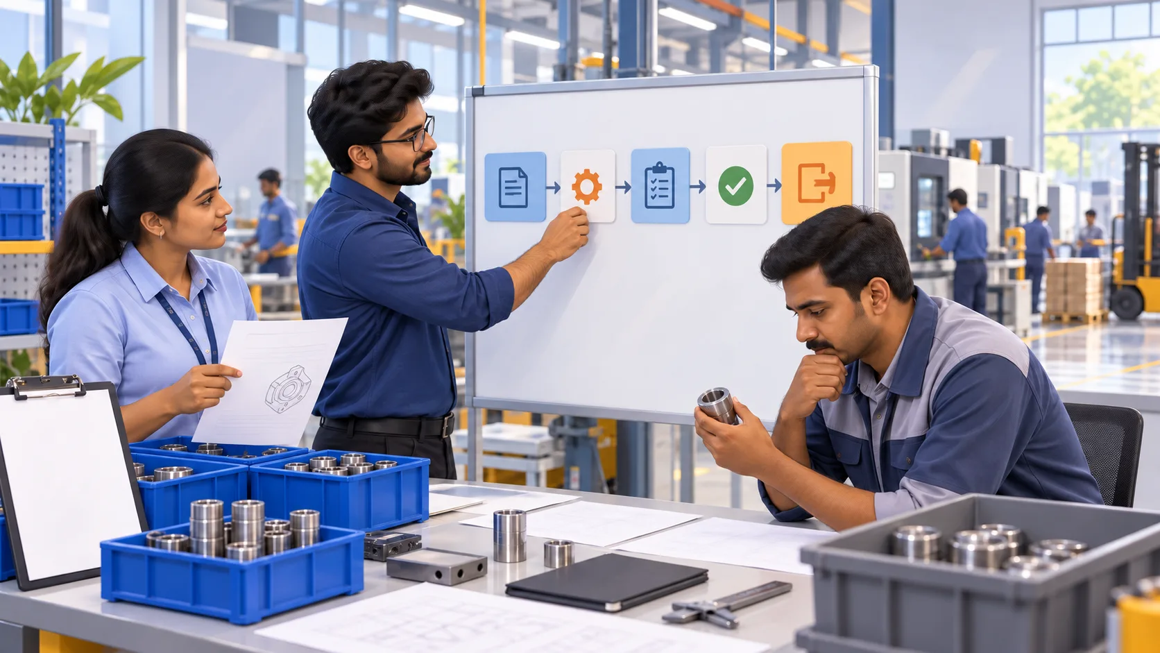 Illustrated manufacturing team reviews five workflow cards: request, configuration, testing, approval and release.