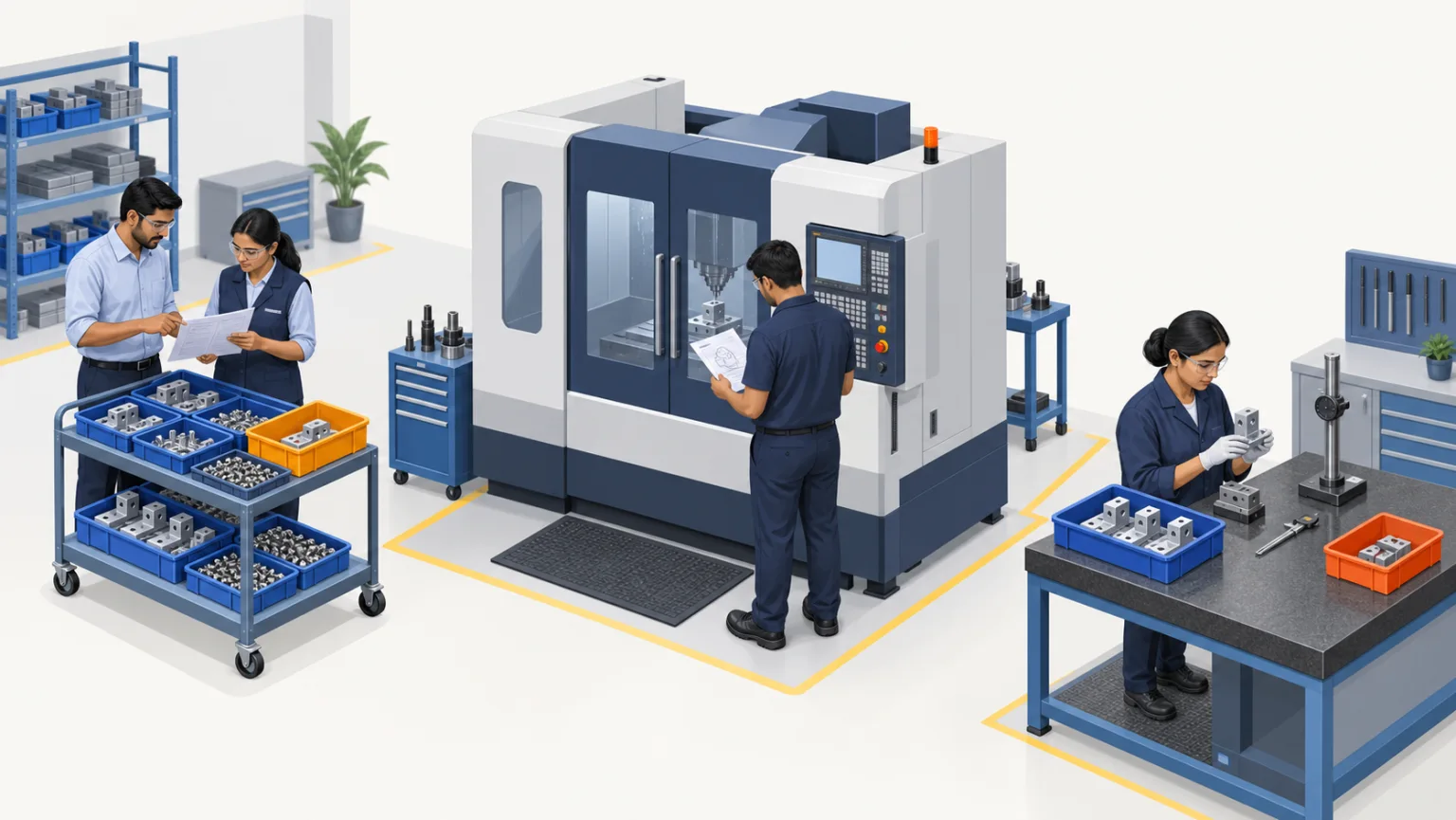 Illustration of a material-kit check, CNC job and finished-part inspection.