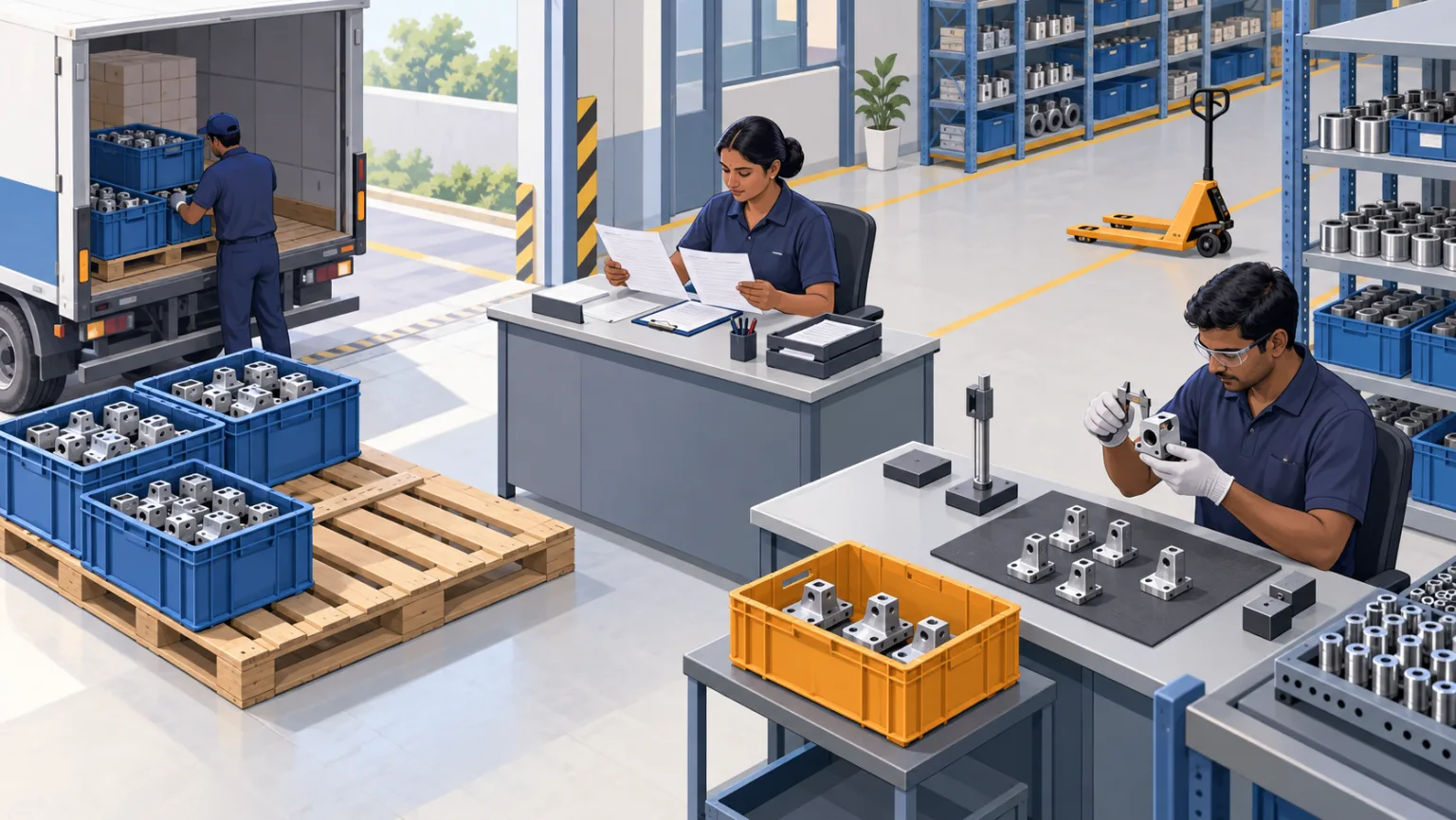 Illustration of delivery checks, inspection-held parts and accepted component stores.