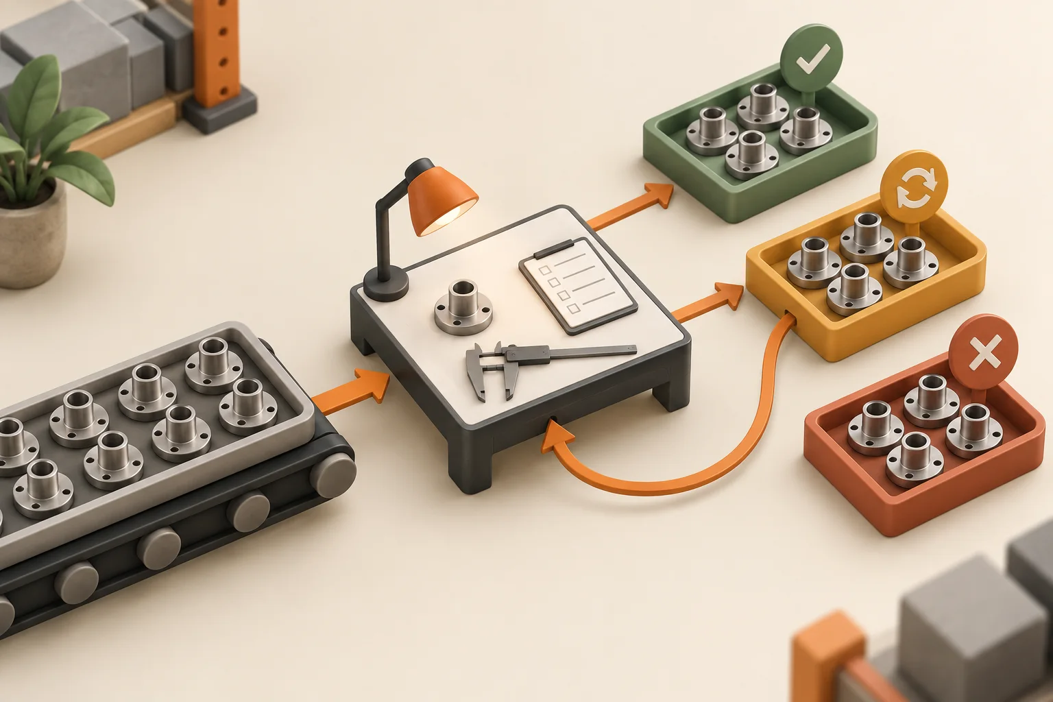 Illustration of an inspection station with accepted, rework and rejected trays; rework returns for inspection.