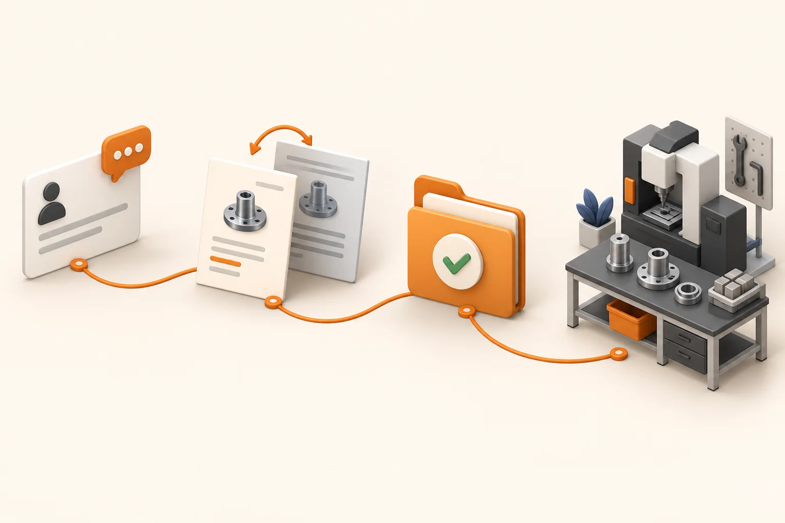 Illustration of an inquiry, revised quotations, an approved order and a manufacturing workbench.