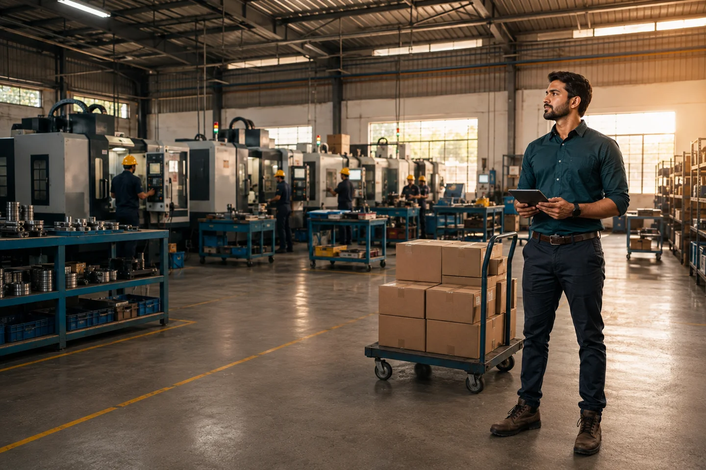 The manufacturing founder calmly overseeing the same factory, now running with people, machines and orders connected